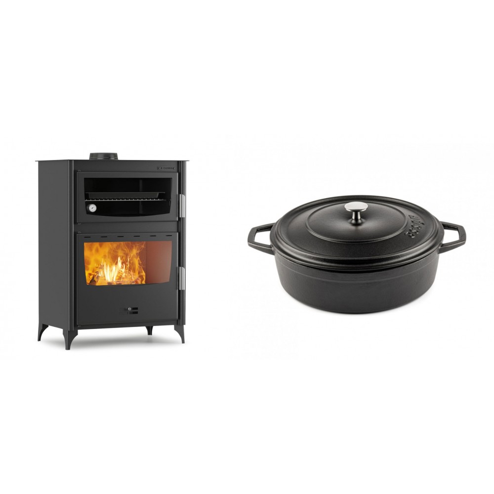 Set Kaminofen, Holzofen mit Backfach Velmora Fire ATS 90-50 ΜΑSΙΝΑ, 17.55kW + Gusseisen Topf Flach Solagio, Black Onyx, Ф26 | Holzofen | Kaminofen |