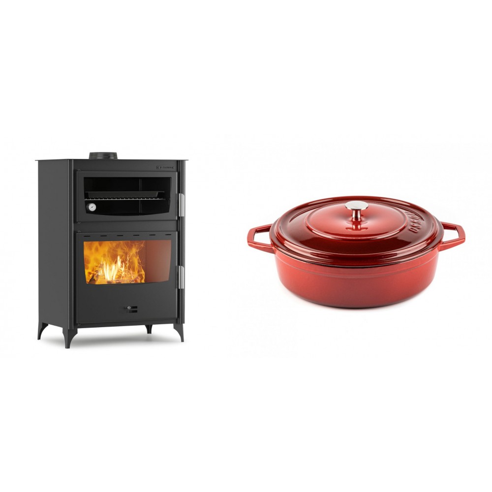 Set Kaminofen, Holzofen mit Backfach Velmora Fire ATS 90-50 ΜΑSΙΝΑ, 17.55kW + Gusseisen Topf Flach Solagio, Rubin, Ф26 | Holzofen | Kaminofen |