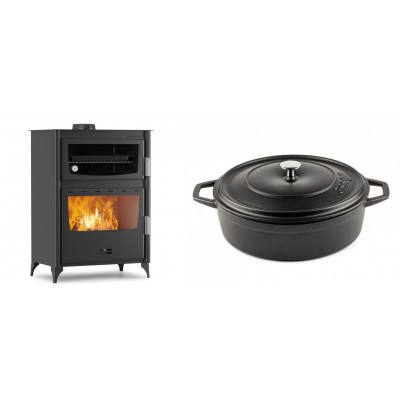 Set Kaminofen, Holzofen mit Backfach Velmora Fire ATS 90-50 ΜΑSΙΝΑ, 17.55kW + Gusseisen Topf Flach Solagio, Black Onyx, Ф28 - Kaminofen - Holzofen mit Backfach