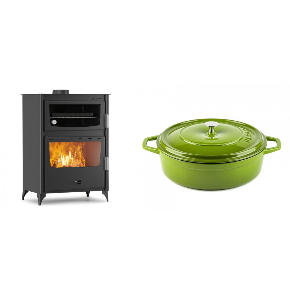 Set Kaminofen, Holzofen mit Backfach Velmora Fire ATS 90-50 ΜΑSΙΝΑ, 17.55kW + Gusseisen Topf Flach Solagio, Bamboo, Ф28