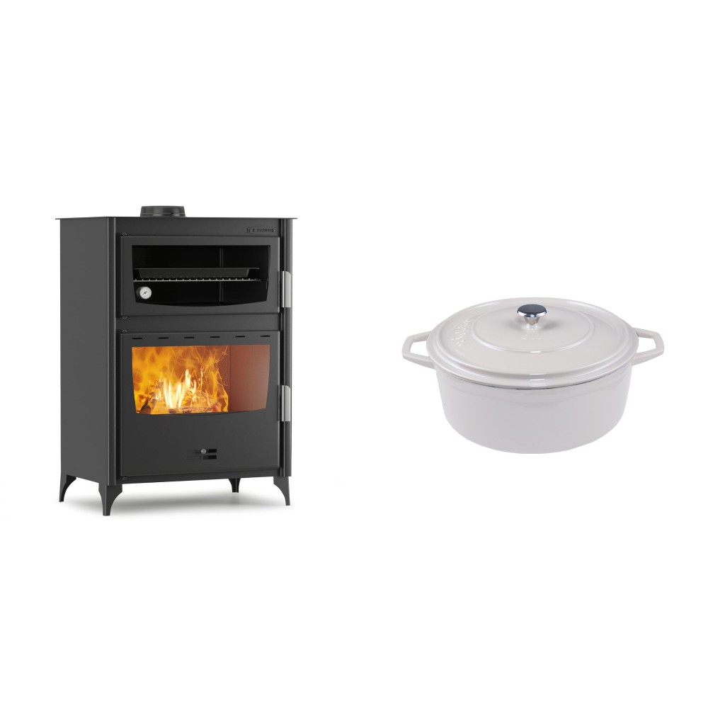 Set Kaminofen, Holzofen mit Backfach Velmora Fire ATS 90-50 ΜΑSΙΝΑ, 17.55kW + Gusseisen Topf Tiefer Solagio, Ivory, Ф20