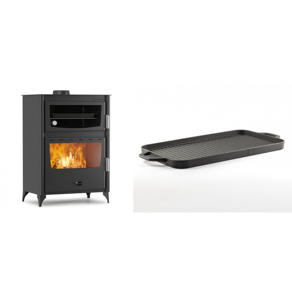 Set Kaminofen, Holzofen mit Backfach Velmora Fire ATS 90-50 ΜΑSΙΝΑ, 17.55kW + Große Grillplatte aus Gusseisen Solagio, 25x44cm