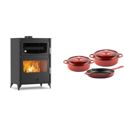 Set Kaminofen, Holzofen mit Backfach Velmora Fire ATS 90-50 ΜΑSΙΝΑ, 17.55kW + Gusseisen Topf Set aus 3 teilen Solagio, Rubin - Kaminofen - Holzofen mit Backfach