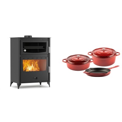 Set Kaminofen, Holzofen mit Backfach Velmora Fire ATS 90-50 ΜΑSΙΝΑ, 17.55kW + Gusseisen Topf Set aus 3 teilen Solagio, Rubin - Kaminofen - Holzofen mit Backfach