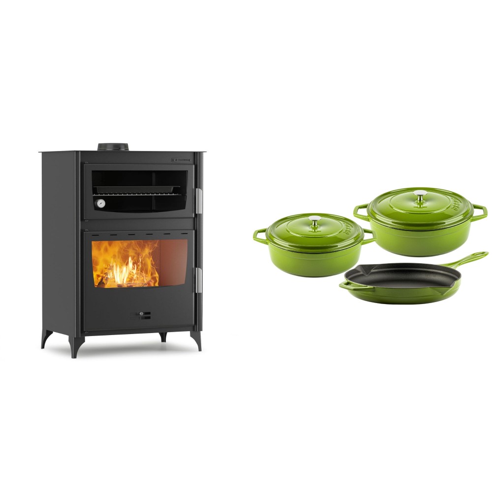 Set Kaminofen, Holzofen mit Backfach Velmora Fire ATS 90-50 ΜΑSΙΝΑ, 17.55kW + Gusseisen Topf Set aus 3 teilen Solagio, Bamboo