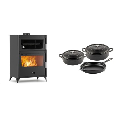 Set Kaminofen, Holzofen mit Backfach Velmora Fire ATS 90-50 ΜΑSΙΝΑ, 17.55kW + Gusseisen Topf Set aus 3 teilen Solagio, Black Onyx - Kaminofen - Holzofen mit Backfach