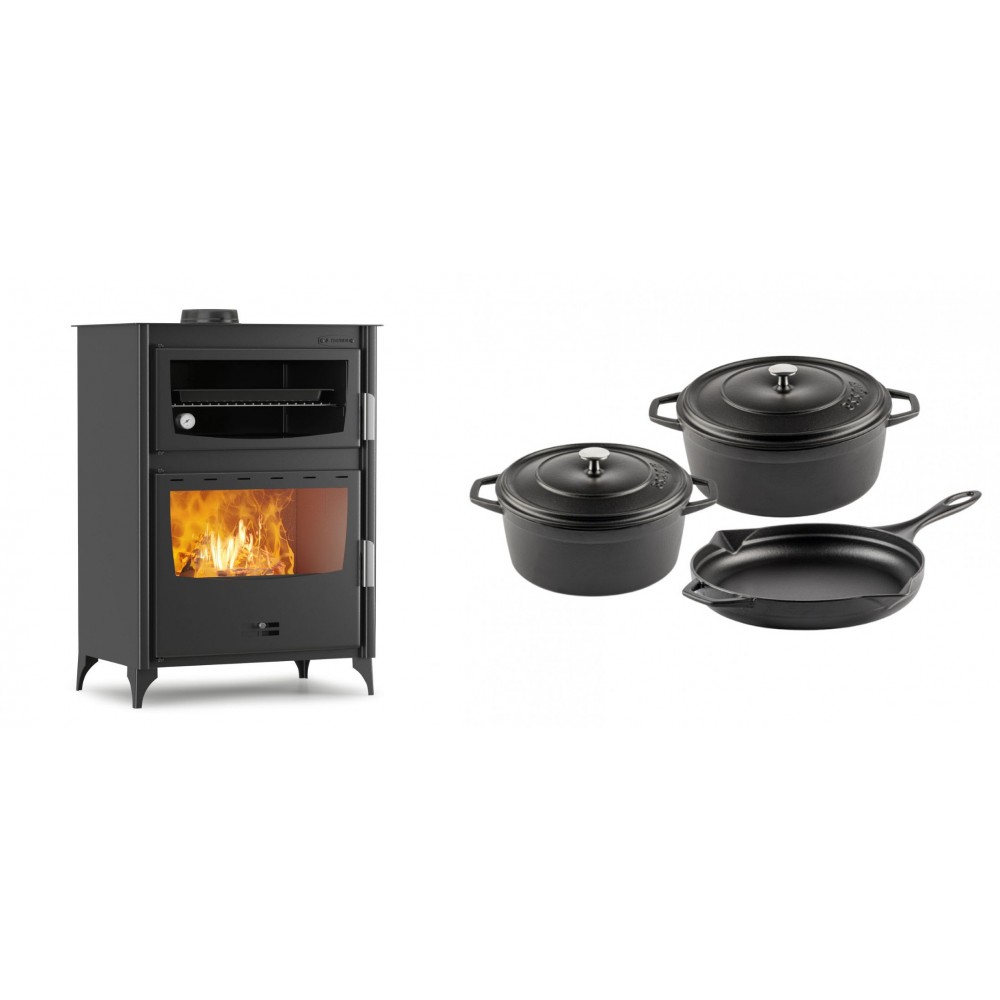 Set Kaminofen, Holzofen mit Backfach Velmora Fire ATS 90-50 ΜΑSΙΝΑ, 17.55kW + Gusseisen Topf Set aus 3 teilen Solagio, Black Onyx | Holzofen | Kaminofen |