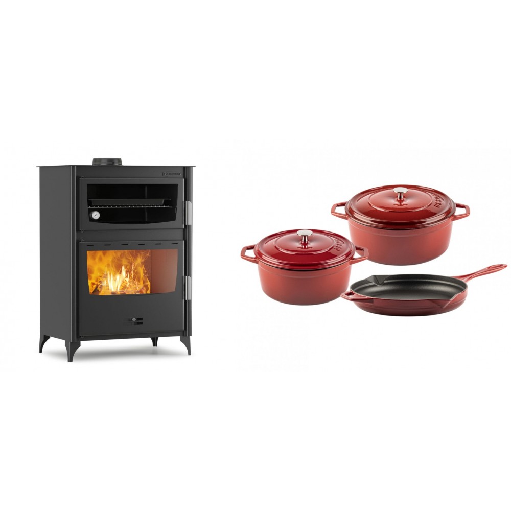 Set Kaminofen, Holzofen mit Backfach Velmora Fire ATS 90-50 ΜΑSΙΝΑ, 17.55kW + Gusseisen Topf Set aus 3 teilen Solagio, Rubin