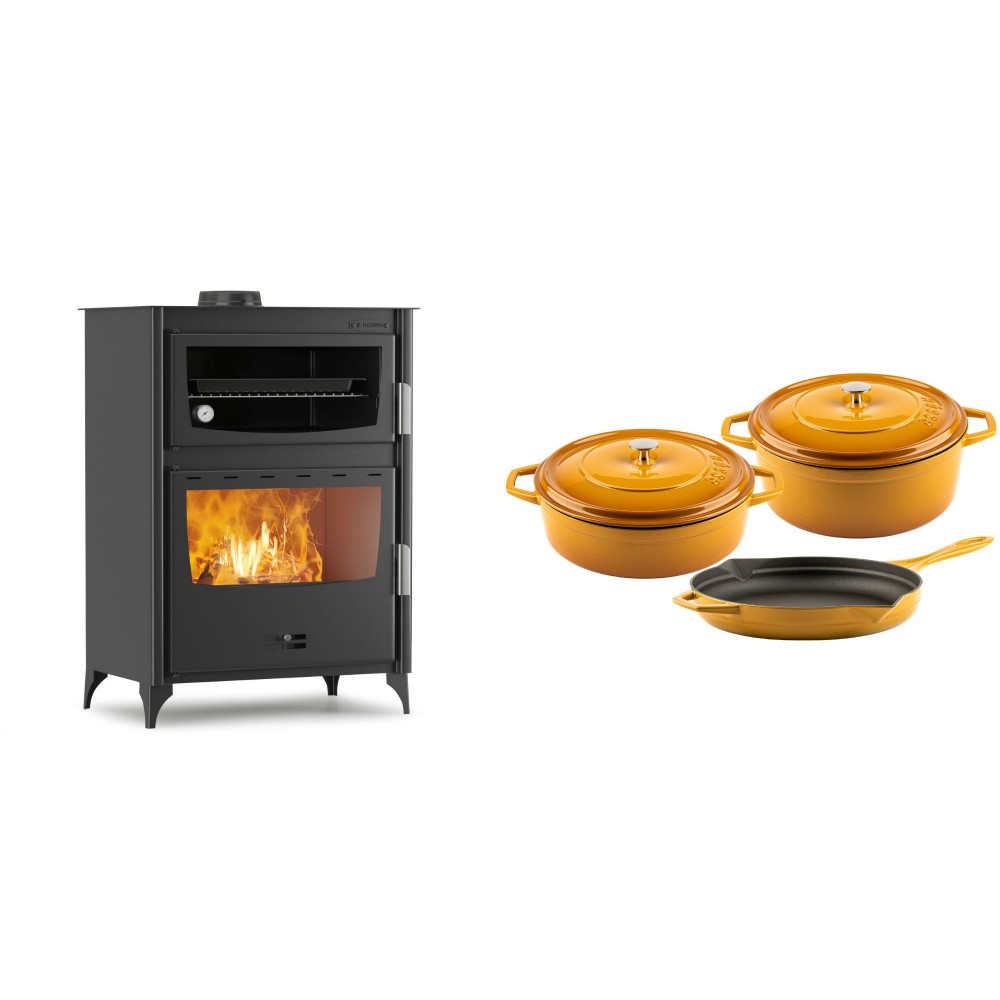 Set Kaminofen, Holzofen mit Backfach Velmora Fire ATS 90-50 ΜΑSΙΝΑ, 17.55kW + Gusseisen Topf Set aus 3 teilen Solagio, Dijon