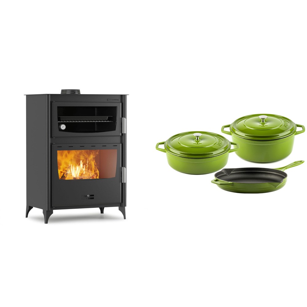 Set Kaminofen, Holzofen mit Backfach Velmora Fire ATS 90-50 ΜΑSΙΝΑ, 17.55kW + Gusseisen Topf Set aus 3 teilen Solagio, Bamboo