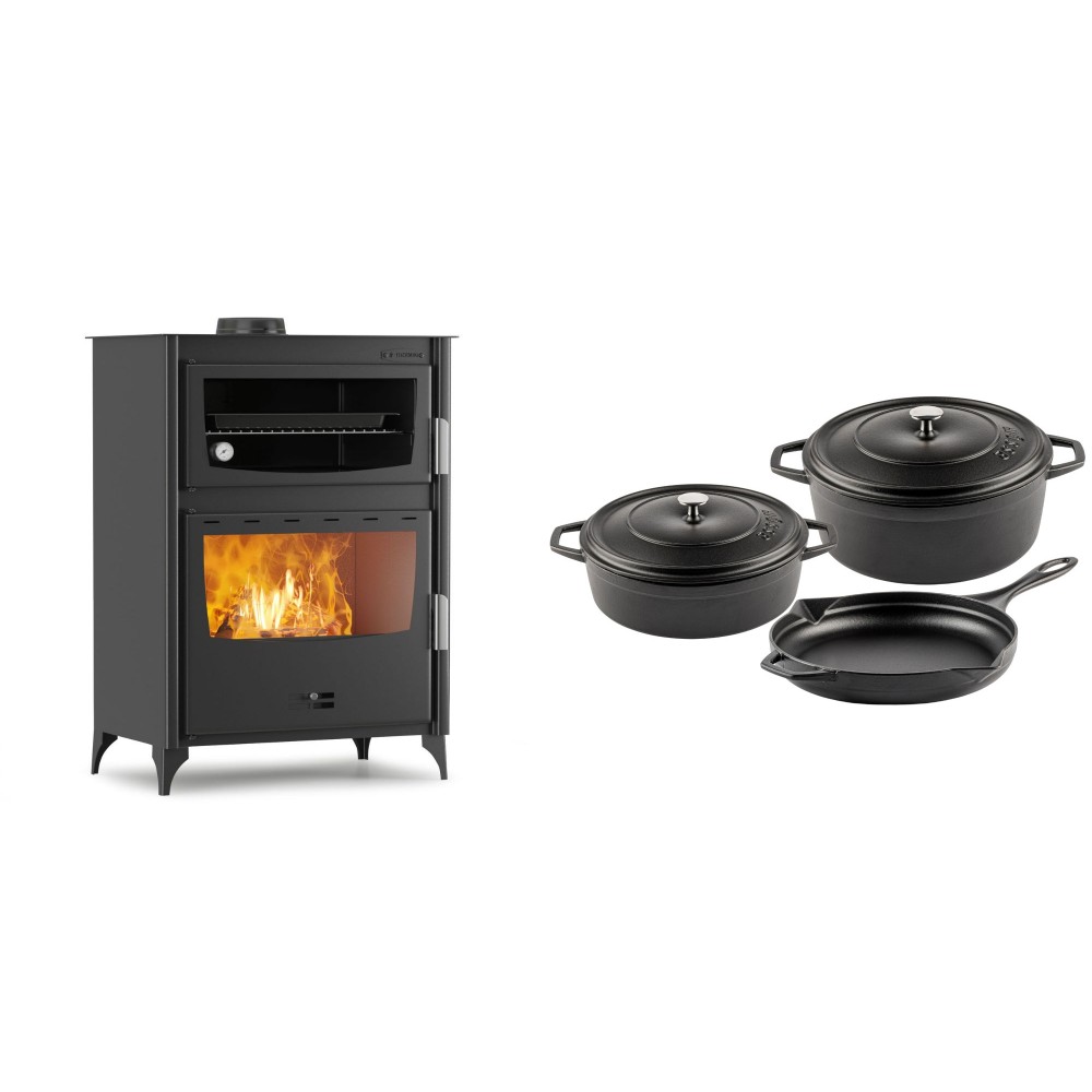 Set Kaminofen, Holzofen mit Backfach Velmora Fire ATS 90-50 ΜΑSΙΝΑ, 17.55kW + Gusseisen Topf Set aus 3 teilen Solagio, Black Onyx