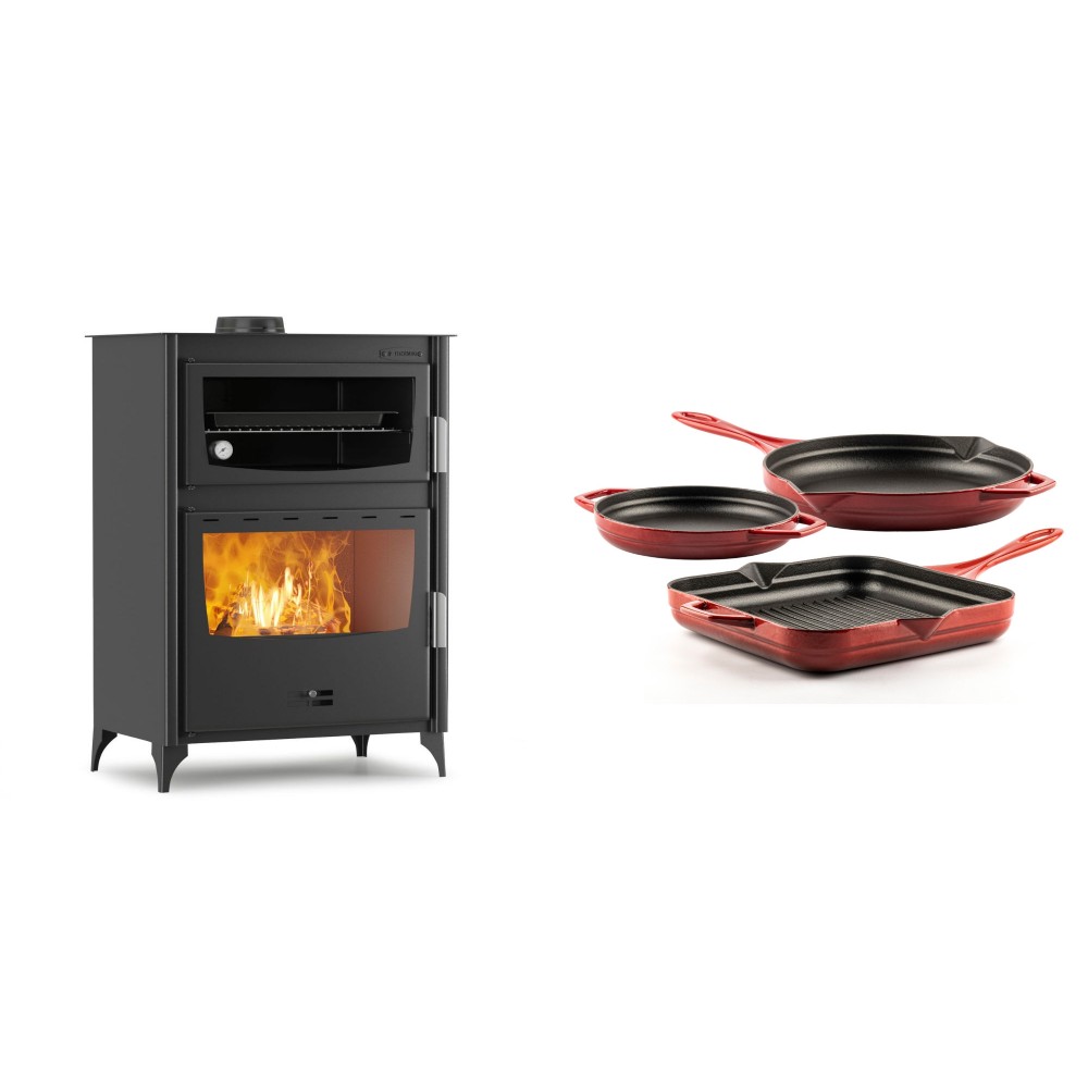 Set Kaminofen, Holzofen mit Backfach Velmora Fire ATS 90-50 ΜΑSΙΝΑ, 17.55kW + Gusseisen Topf Set aus 3 teilen Solagio, Rubin | Holzofen | Kaminofen |