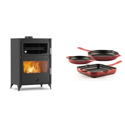 Set Kaminofen, Holzofen mit Backfach Velmora Fire ATS 90-50 ΜΑSΙΝΑ, 17.55kW + Gusseisen Topf Set aus 3 teilen Solagio, Rubin - Kaminofen - Holzofen mit Backfach