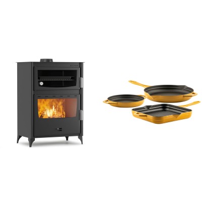 Set Kaminofen, Holzofen mit Backfach Velmora Fire ATS 90-50 ΜΑSΙΝΑ, 17.55kW + Gusseisen Topf Set aus 3 teilen Solagio, Dijon - Kaminofen - Holzofen mit Backfach