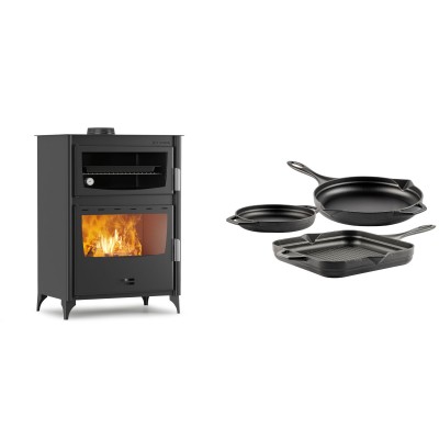 Set Kaminofen, Holzofen mit Backfach Velmora Fire ATS 90-50 ΜΑSΙΝΑ, 17.55kW + Gusseisen Topf Set aus 3 teilen Solagio, Black Onyx - Kaminofen - Holzofen mit Backfach