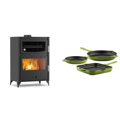 Set Kaminofen, Holzofen mit Backfach Velmora Fire ATS 90-50 ΜΑSΙΝΑ, 17.55kW + Gusseisen Topf Set aus 3 teilen Solagio, Bamboo - Kaminofen - Holzofen mit Backfach