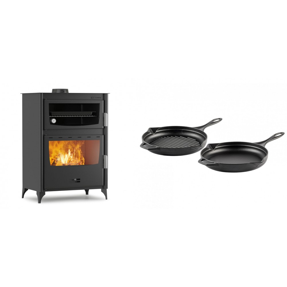 Set Kaminofen, Holzofen mit Backfach Velmora Fire ATS 90-50 ΜΑSΙΝΑ, 17.55kW + Gusseisen Topf Set aus 2 teilen Solagio, Black Onyx