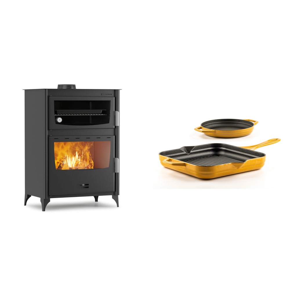 Set Kaminofen, Holzofen mit Backfach Velmora Fire ATS 90-50 ΜΑSΙΝΑ, 17.55kW + Gusseisen Topf Set aus 2 teilen Solagio, Dijon