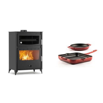 Set Kaminofen, Holzofen mit Backfach Velmora Fire ATS 90-50 ΜΑSΙΝΑ, 17.55kW + Gusseisen Topf Set aus 2 teilen Solagio, Rubin - Kaminofen - Holzofen mit Backfach