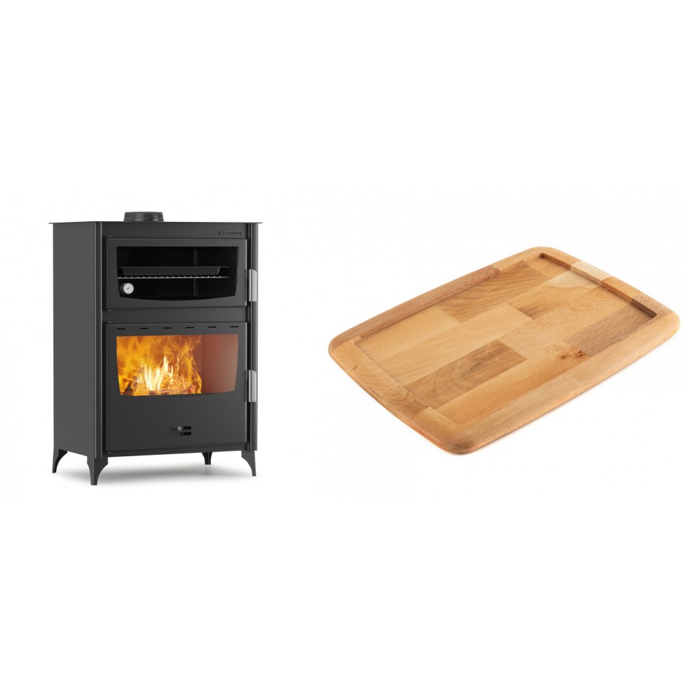 Set Kaminofen, Holzofen mit Backfach Velmora Fire ATS 90-50 ΜΑSΙΝΑ, 17.55kW + Holz untersetzer für gusseisenplatte Solagio HSST2131