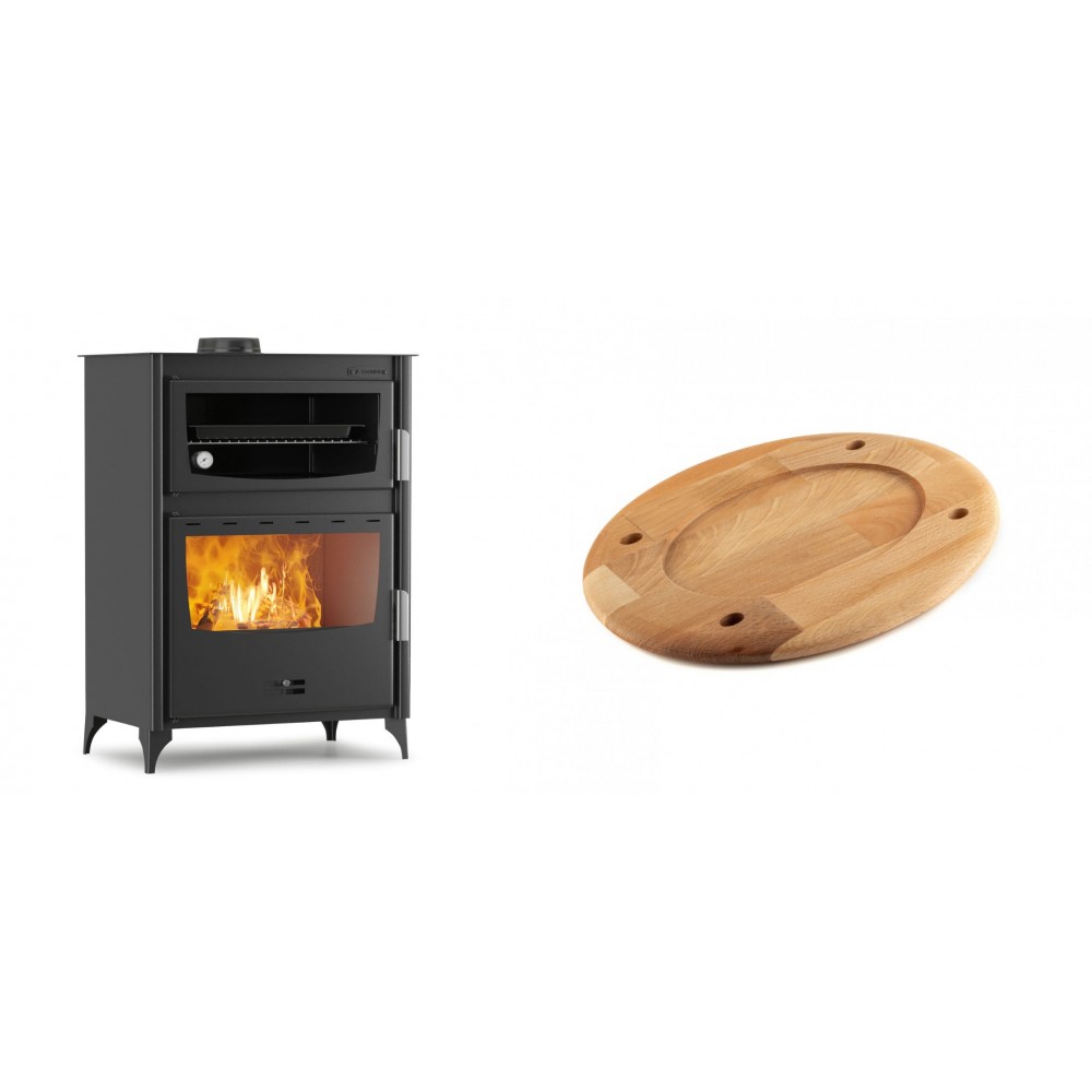 Set Kaminofen, Holzofen mit Backfach Velmora Fire ATS 90-50 ΜΑSΙΝΑ, 17.55kW + Holz untersetzer für ovale platte Solagio HSOISK2533, 25x33cm | Holzofen | Kaminofen |
