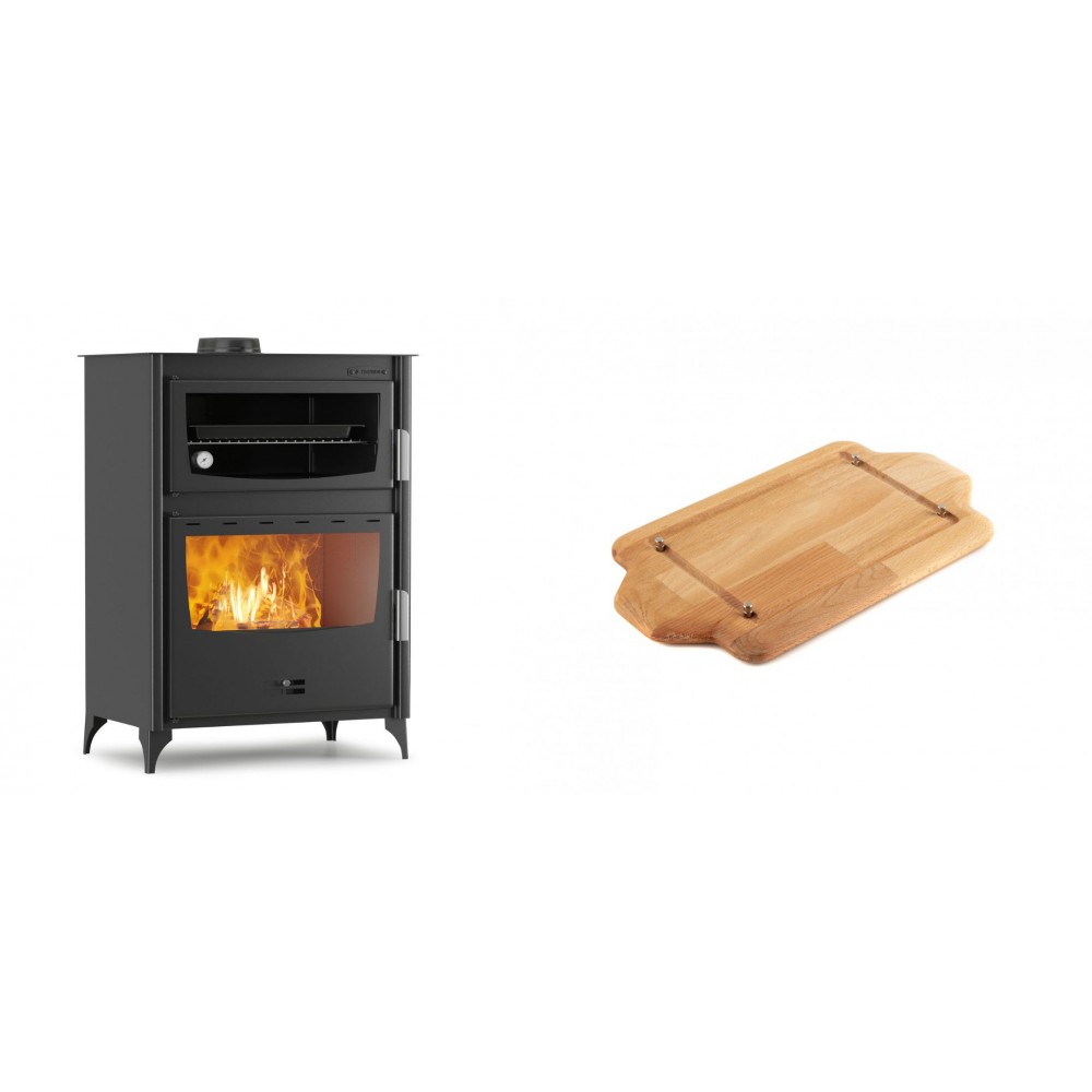 Set Kaminofen, Holzofen mit Backfach Velmora Fire ATS 90-50 ΜΑSΙΝΑ, 17.55kW + Holz untersetzer für mini-gusseisenplatte Solagio HSDDHP1522