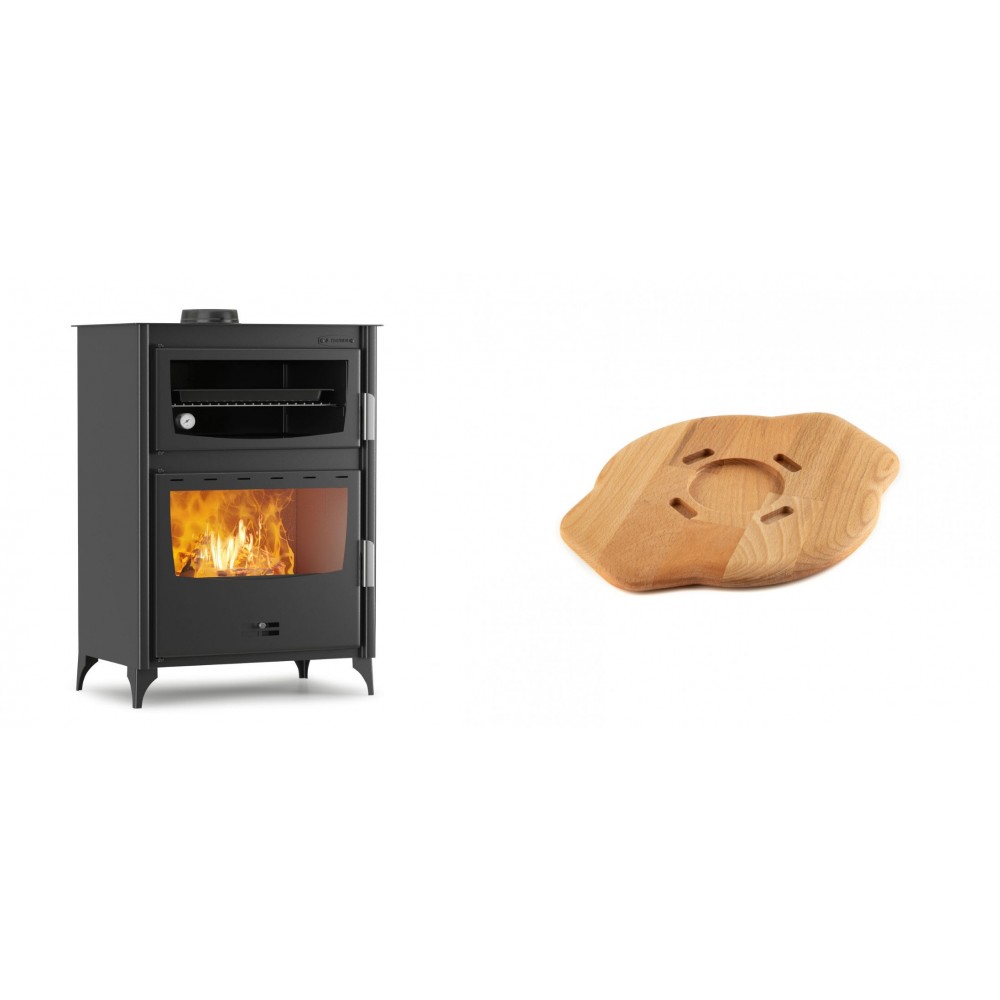 Set Kaminofen, Holzofen mit Backfach Velmora Fire ATS 90-50 ΜΑSΙΝΑ, 17.55kW + Holz untersetzer für gusseisenplatte Solagio HSYSAK20