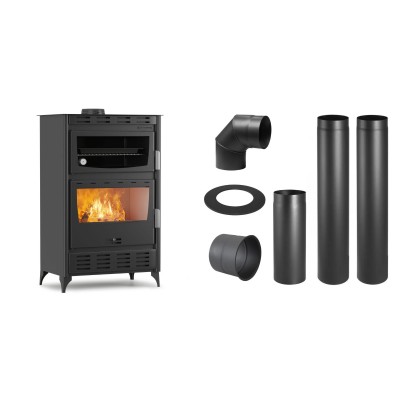 Set Holzofen mit Gebläse und Backofen Velmora Fire ATS 90-50 ΜΑSΙΝΑ AERO, 20.12kW + Schornstein Bausatz PARKANEX, Stahl Ø150, Dicke 2mm - Holzofen mit gebläse