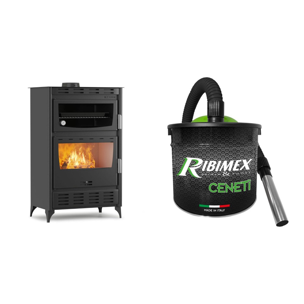 Set Holzofen mit Gebläse und Backofen Velmora Fire ATS 90-50 ΜΑSΙΝΑ AERO, 20.12kW + Elektrischer Aschesauger Ribimex, Modell Cenetì, Fassungsvermögen 15 L | Holzofen mit gebläse | Kaminofen |