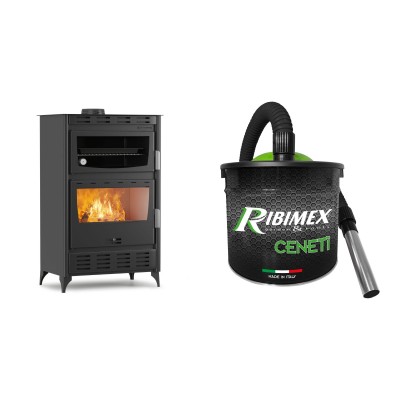 Set Holzofen mit Gebläse und Backofen Velmora Fire ATS 90-50 ΜΑSΙΝΑ AERO, 20.12kW + Elektrischer Aschesauger Ribimex, Modell Cenetì, Fassungsvermögen 15 L - Holzofen mit gebläse