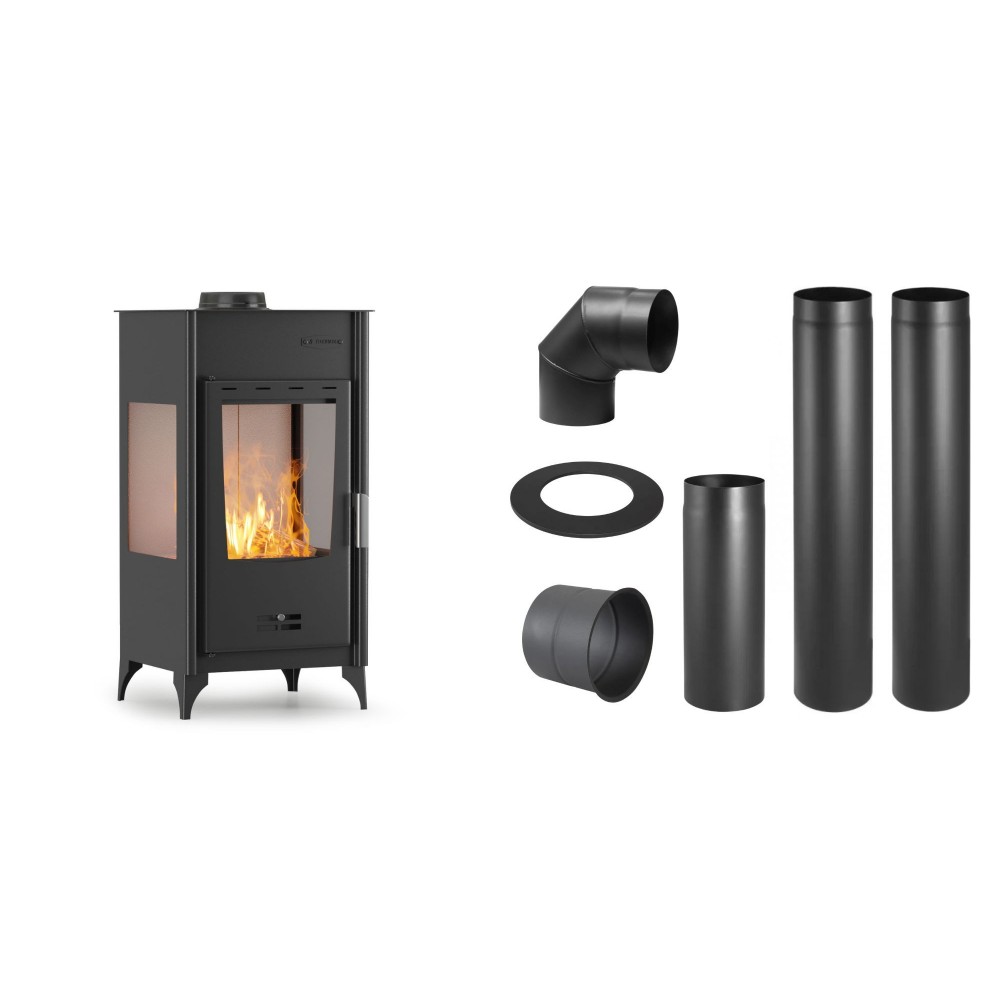 Set Kaminofen, Holzofen Velmora Fire ATS 90-10 3 SIDE, 12.12kW + Schornstein Bausatz PARKANEX, Stahl Ø150, Dicke 2mm