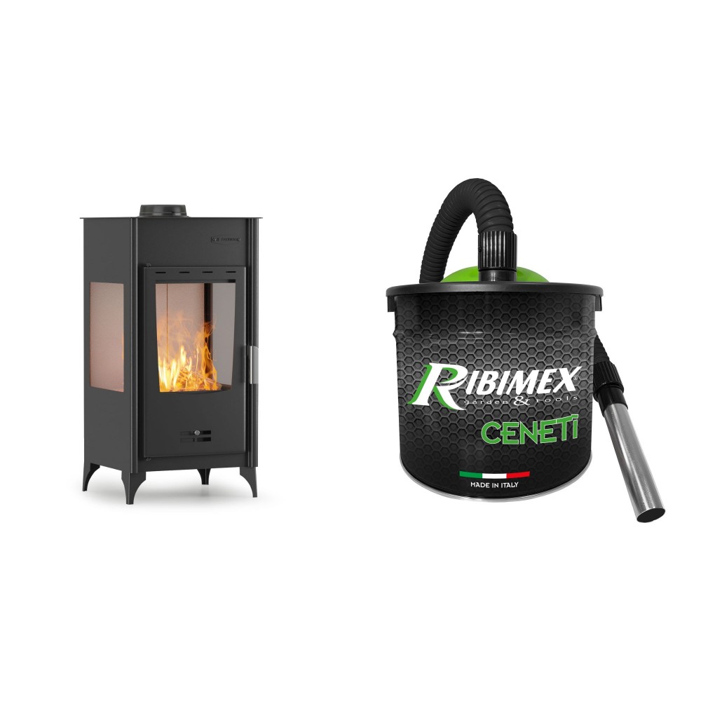 Set Kaminofen, Holzofen Velmora Fire ATS 90-10 3 SIDE, 12.12kW + Elektrischer Aschesauger Ribimex, Modell Cenetì, Fassungsvermögen 15 L