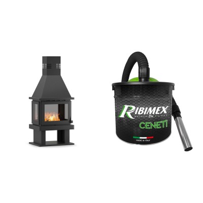 Set Kaminofen, Holzofen Velmora Fire FS 4 SIDE, 14.08kW + Elektrischer Aschesauger Ribimex, Modell Cenetì, Fassungsvermögen 15 L - Holzofen