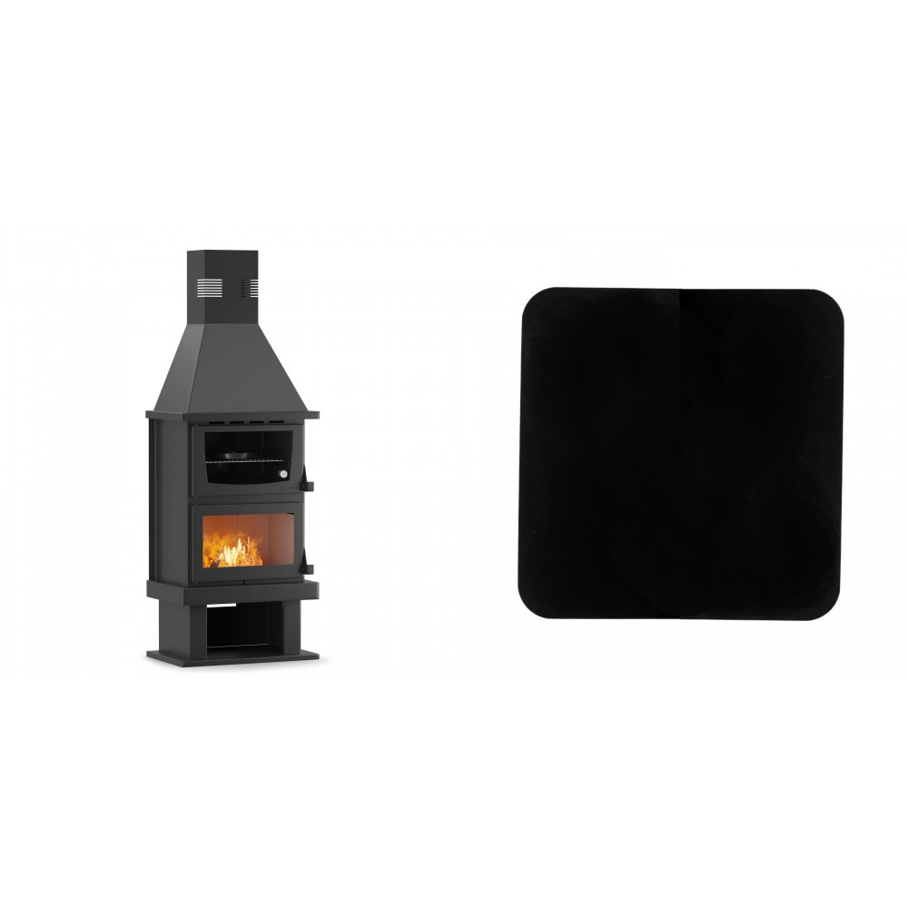 Set Kaminofen, Holzofen mit Backfach Velmora Fire FS AERO 90-50, 20.12kW + Funkenschutzplatte Stahl 2mm, Größe 98x98cm | Holzofen | Kaminofen |