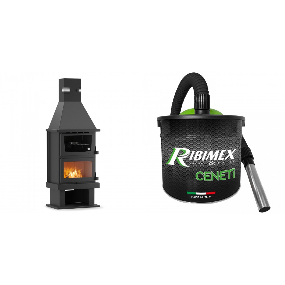 Set Kaminofen, Holzofen mit Backfach Velmora Fire FS AERO 90-50, 20.12kW + Elektrischer Aschesauger Ribimex, Modell Cenetì, Fassungsvermögen 15 L