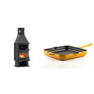 Set Kaminofen, Holzofen mit Backfach Velmora Fire FS AERO 90-50, 20.12kW + Emaillierte grillpfanne Gusseisen Solagio, Dijon, 28х28cm - Kaminofen - Holzofen mit Backfach