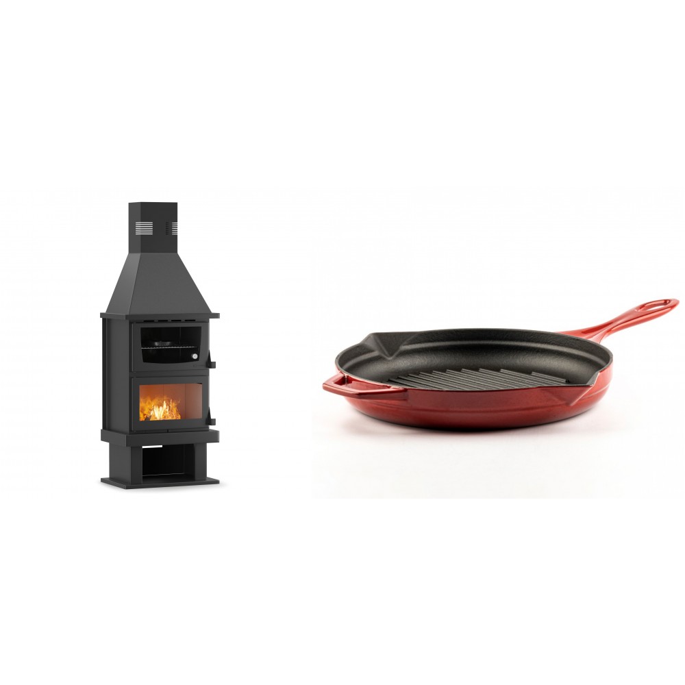 Set Kaminofen, Holzofen mit Backfach Velmora Fire FS AERO 90-50, 20.12kW + Emaillierte grillpfanne Gusseisen Solagio, Rubin, Ф28cm