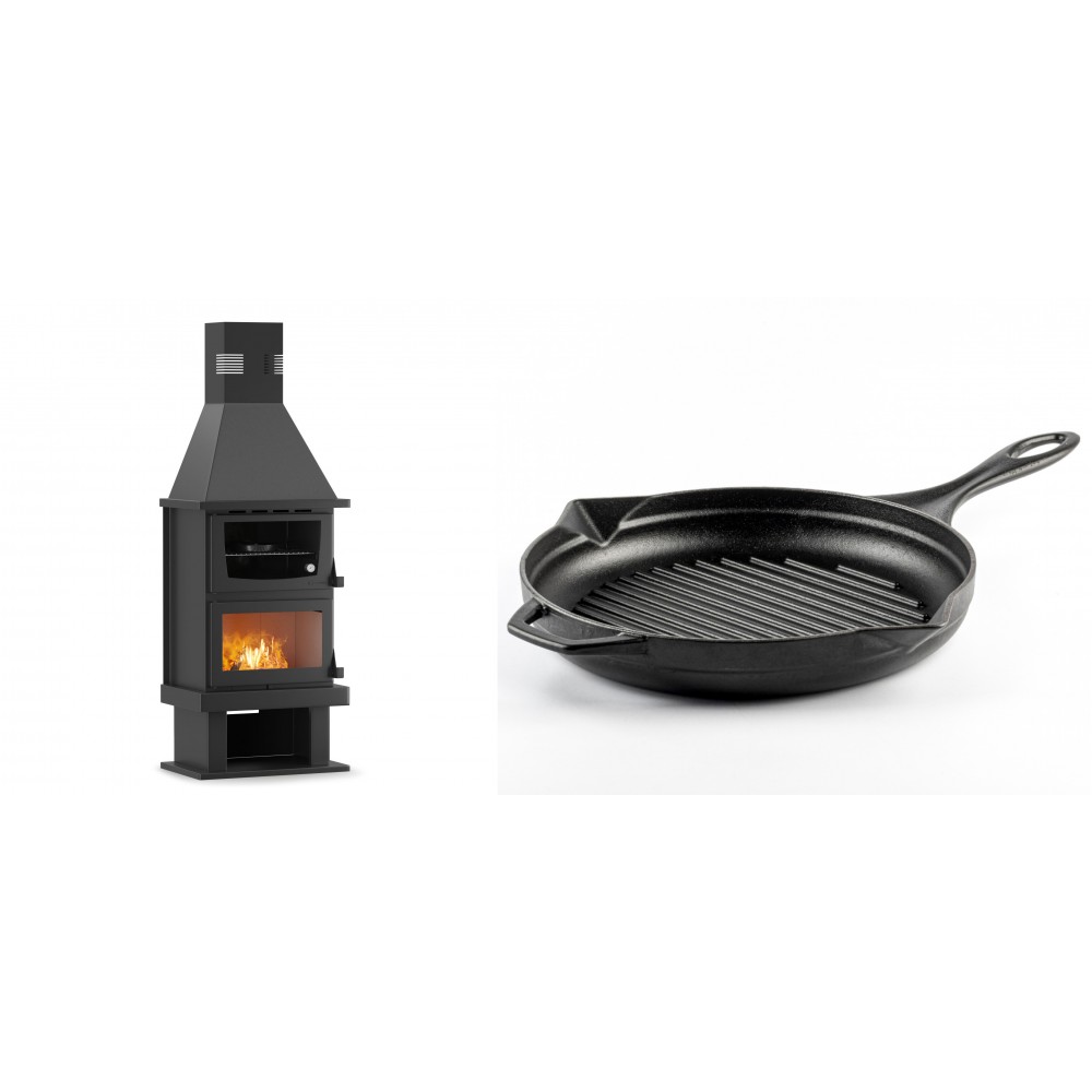 Set Kaminofen, Holzofen mit Backfach Velmora Fire FS AERO 90-50, 20.12kW + Emaillierte grillpfanne Gusseisen Solagio, Black Onyx, Ф28cm | Holzofen | Kaminofen |