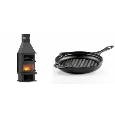 Set Kaminofen, Holzofen mit Backfach Velmora Fire FS AERO 90-50, 20.12kW + Emaillierte grillpfanne Gusseisen Solagio, Black Onyx, Ф28cm - Kaminofen - Holzofen mit Backfach