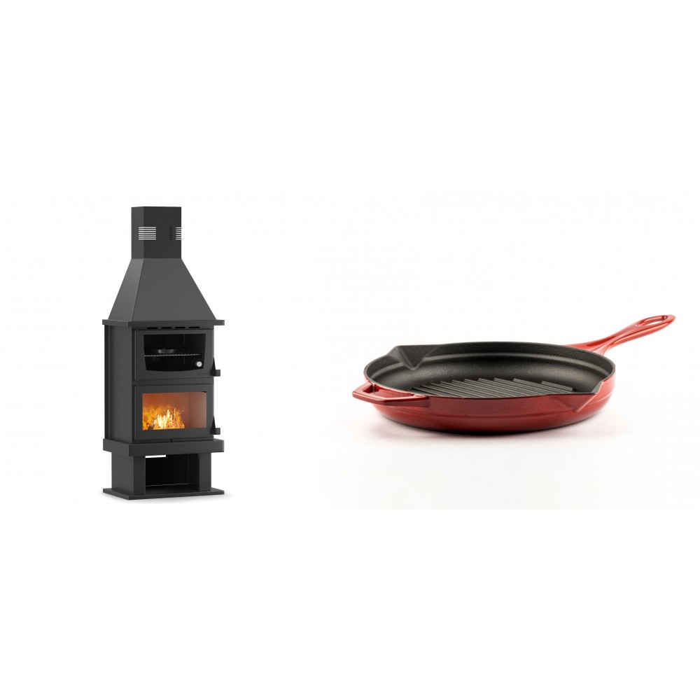 Set Kaminofen, Holzofen mit Backfach Velmora Fire FS AERO 90-50, 20.12kW + Emaillierte grillpfanne Gusseisen Solagio, Rubin, Ф24cm | Holzofen | Kaminofen |