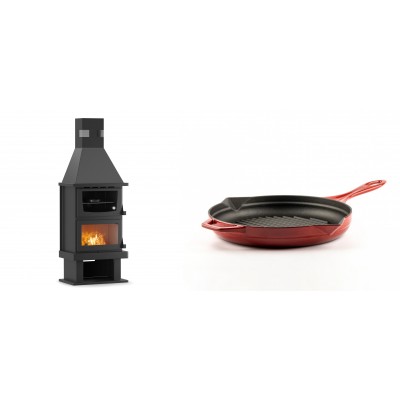 Set Kaminofen, Holzofen mit Backfach Velmora Fire FS AERO 90-50, 20.12kW + Emaillierte grillpfanne Gusseisen Solagio, Rubin, Ф24cm - Kaminofen - Holzofen mit Backfach