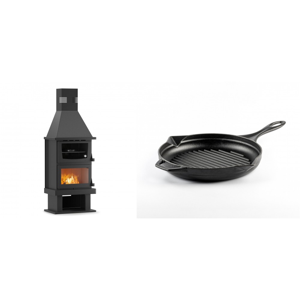 Set Kaminofen, Holzofen mit Backfach Velmora Fire FS AERO 90-50, 20.12kW + Emaillierte grillpfanne Gusseisen Solagio, Black Onyx, Ф24cm | Holzofen | Kaminofen |