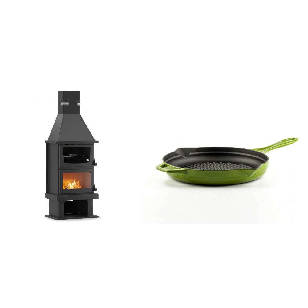 Set Kaminofen, Holzofen mit Backfach Velmora Fire FS AERO 90-50, 20.12kW + Emaillierte grillpfanne Gusseisen Solagio, Bamboo, Ф24cm