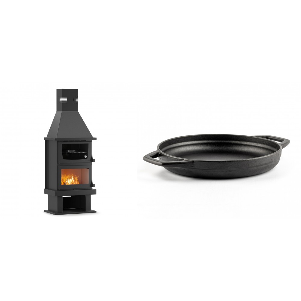 Set Kaminofen, Holzofen mit Backfach Velmora Fire FS AERO 90-50, 20.12kW + Emaillierte gusseisenpfanne mit zwei Griffen Solagio, Black Onyx, Ф22cm | Holzofen | Kaminofen |