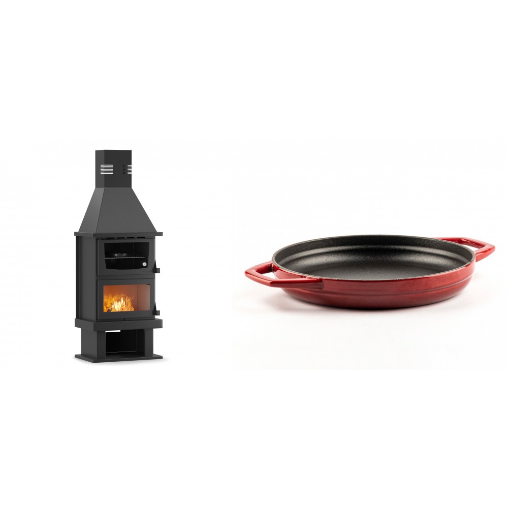 Set Kaminofen, Holzofen mit Backfach Velmora Fire FS AERO 90-50, 20.12kW + Emaillierte gusseisenpfanne mit zwei Griffen Solagio, Rubin, Ф22cm | Holzofen | Kaminofen |