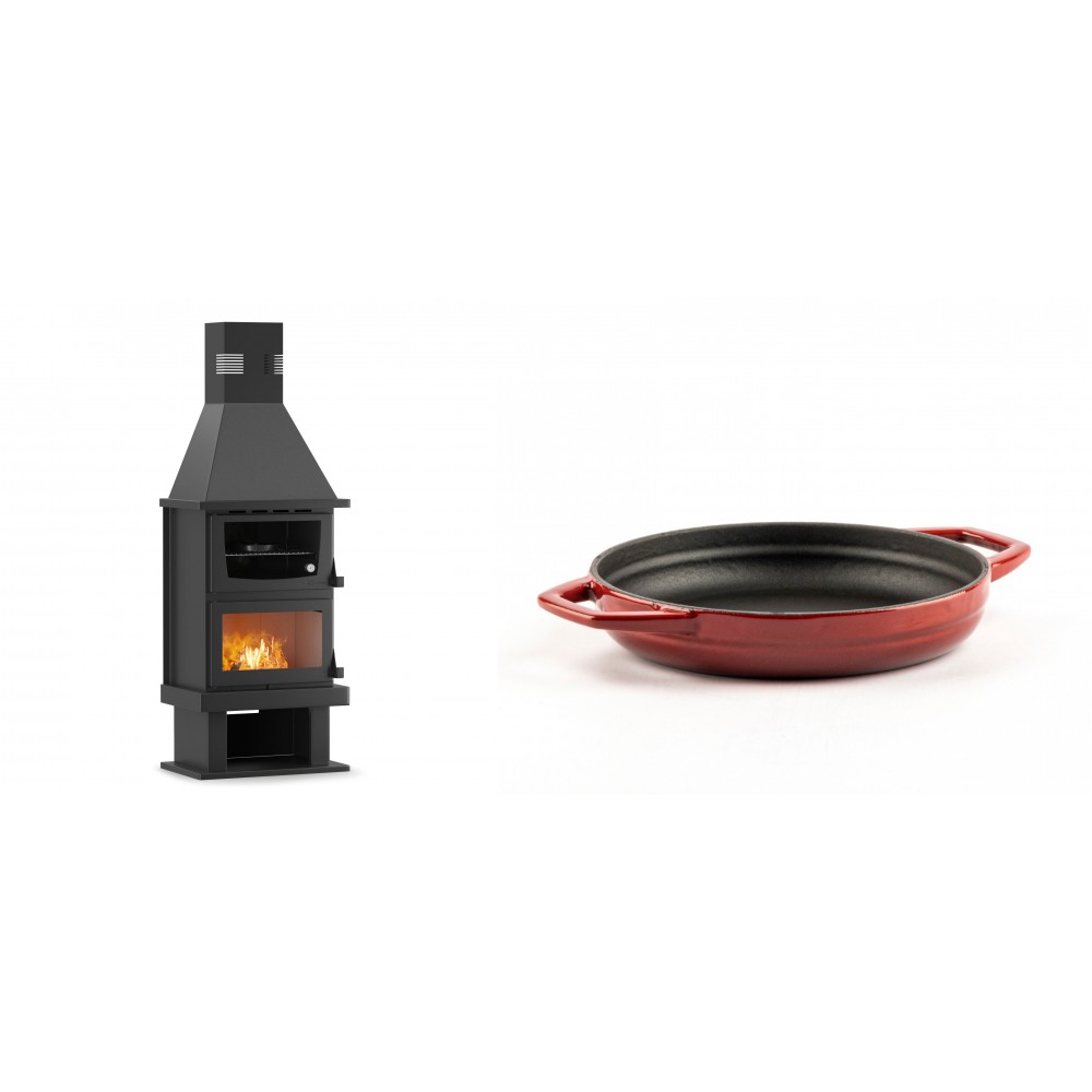 Set Kaminofen, Holzofen mit Backfach Velmora Fire FS AERO 90-50, 20.12kW + Emaillierte gusseisenpfanne mit zwei Griffen Solagio, Rubin, Ф19cm