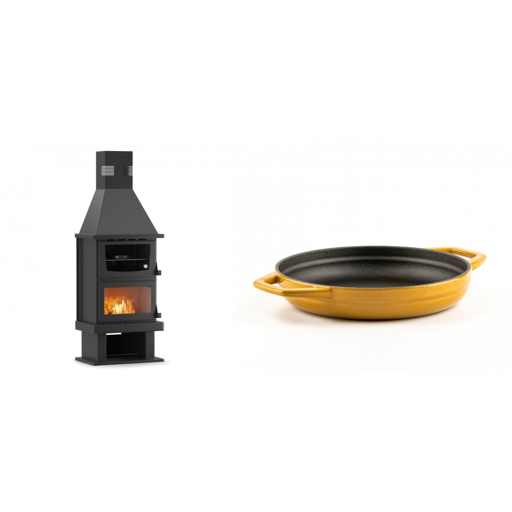 Set Kaminofen, Holzofen mit Backfach Velmora Fire FS AERO 90-50, 20.12kW + Emaillierte gusseisenpfanne mit zwei Griffen Solagio, Dijon, Ф19cm | Holzofen | Kaminofen |