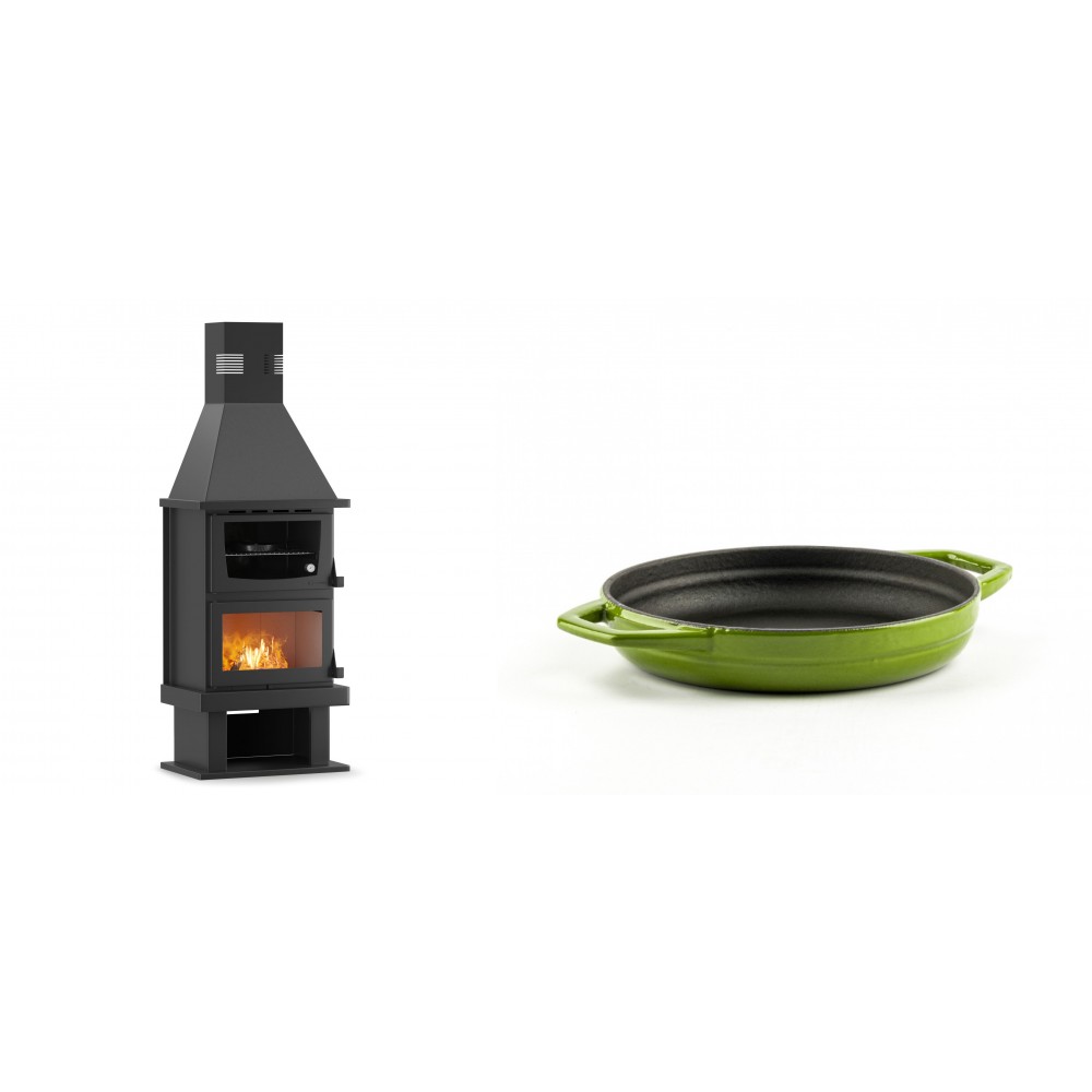 Set Kaminofen, Holzofen mit Backfach Velmora Fire FS AERO 90-50, 20.12kW + Emaillierte gusseisenpfanne mit zwei Griffen Solagio, Bamboo, Ф16cm