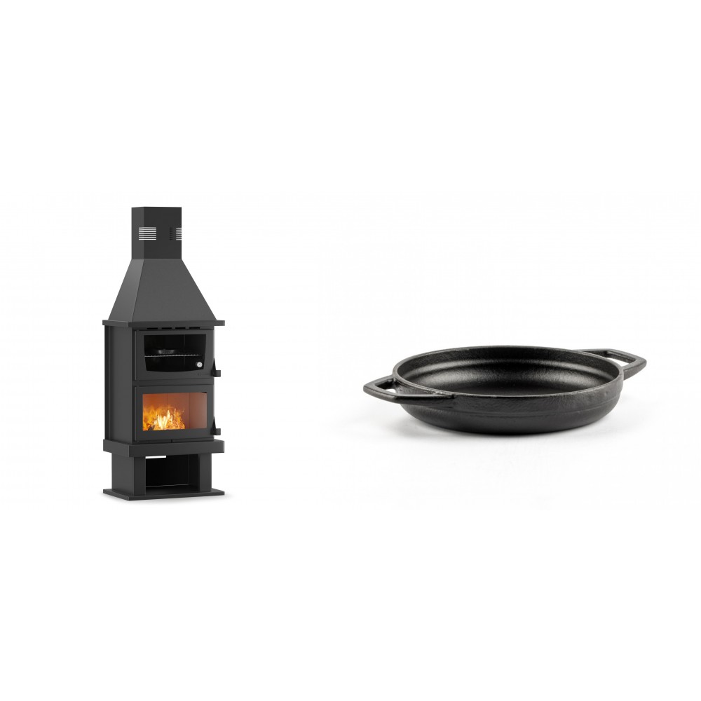 Set Kaminofen, Holzofen mit Backfach Velmora Fire FS AERO 90-50, 20.12kW + Emaillierte gusseisenpfanne mit zwei Griffen Solagio, Black Onyx, Ф16cm