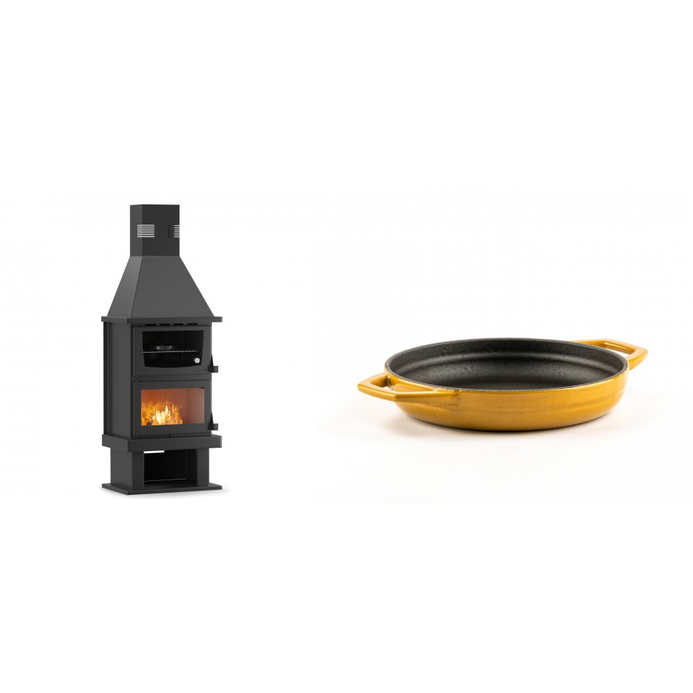Set Kaminofen, Holzofen mit Backfach Velmora Fire FS AERO 90-50, 20.12kW + Emaillierte gusseisenpfanne mit zwei Griffen Solagio, Dijon, Ф16cm | Holzofen | Kaminofen |